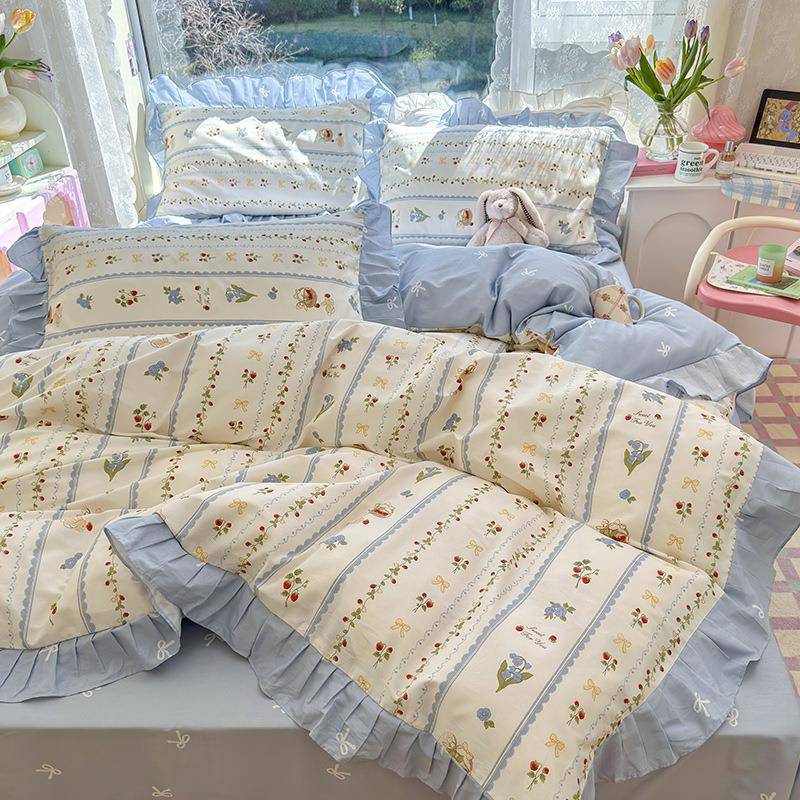 春夏韩版花边全棉印花四件套少女公主风100纯棉床品套装4件套简约