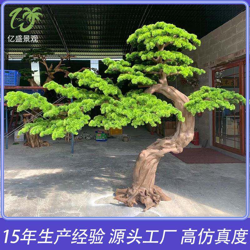 仿真迎客松中式室内造景实木雕刻造罗汉松树景观商场橱窗假松树