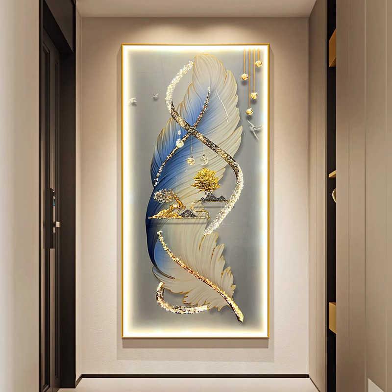 轻奢羽毛玄关装饰画现代简约带灯LED画走廊过道尽头挂画竖版壁画