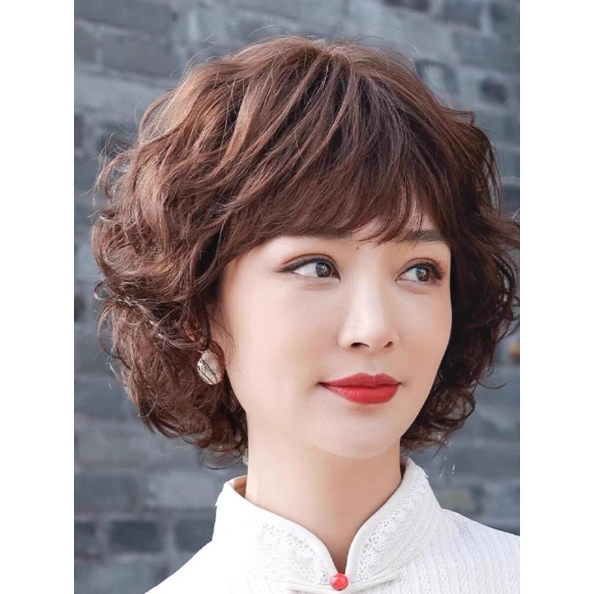 假发短发女真发全真人发妈妈款全头套中老年短卷发自然假发梨花烫