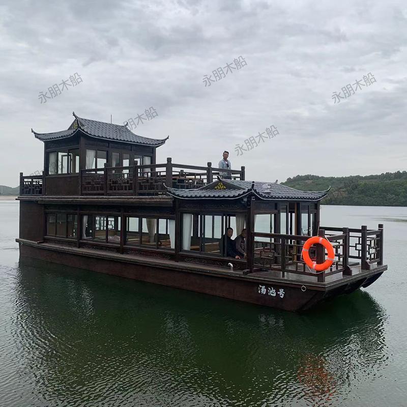 木船画舫船大型水上餐厅船景区双层仿古实木质电动观光旅游木船