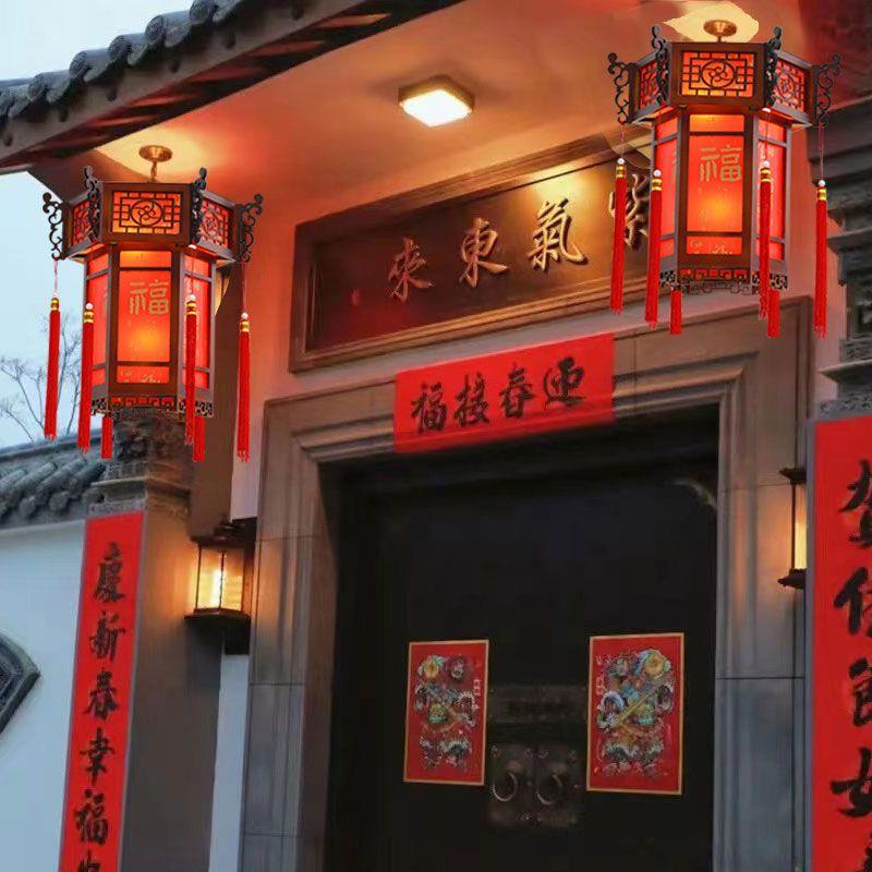 中式实木吊灯六角宫灯仿古红灯笼寺庙祠堂中国风古典凉亭门头灯具