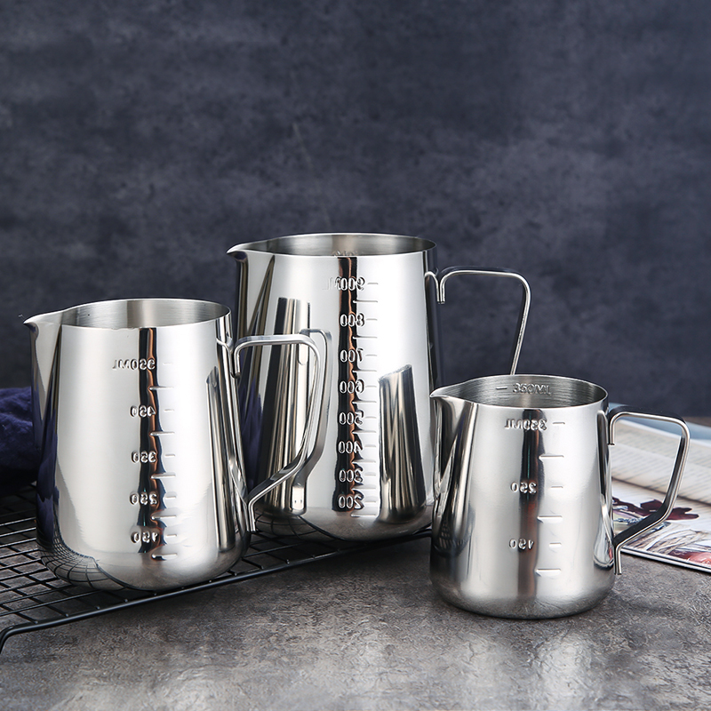 304加厚不锈钢拉花杯尖嘴带刻度量杯咖J啡拉花缸打奶泡杯意式奶壶