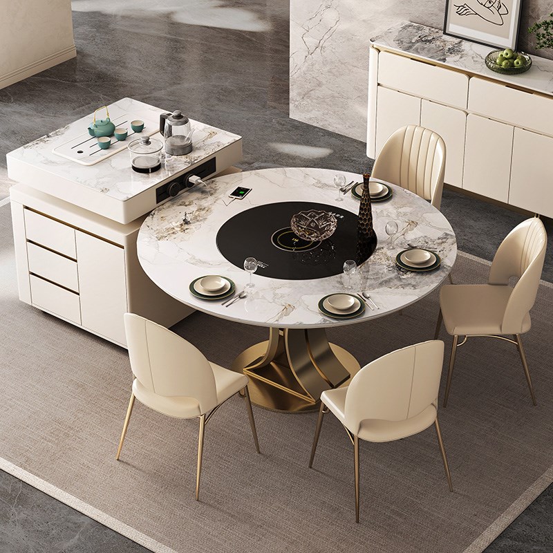 岛台餐桌一体可伸缩方变t圆桌倒台轻奢高级餐台加移动导台茶桌