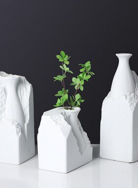 新中式白色浮雕石头陶瓷花瓶摆件样板间日式侘寂风客厅玄关装饰品