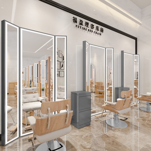 网红理发店镜台美发店镜子发廊专用剪发镜带灯落地潮款理发三折镜