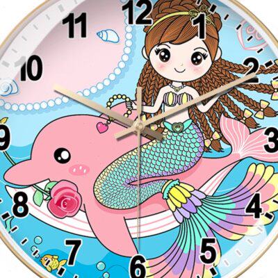 儿童早教挂钟卡通美人鱼客厅女孩卧室挂墙时钟静音自动对时电波钟