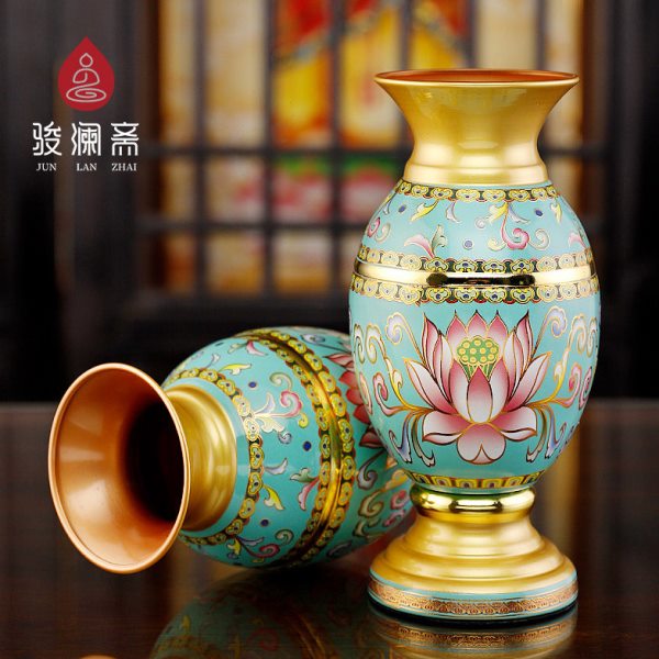 珐琅彩莲花合金供佛花瓶观音净瓶插花瓶一对家居装饰品摆件