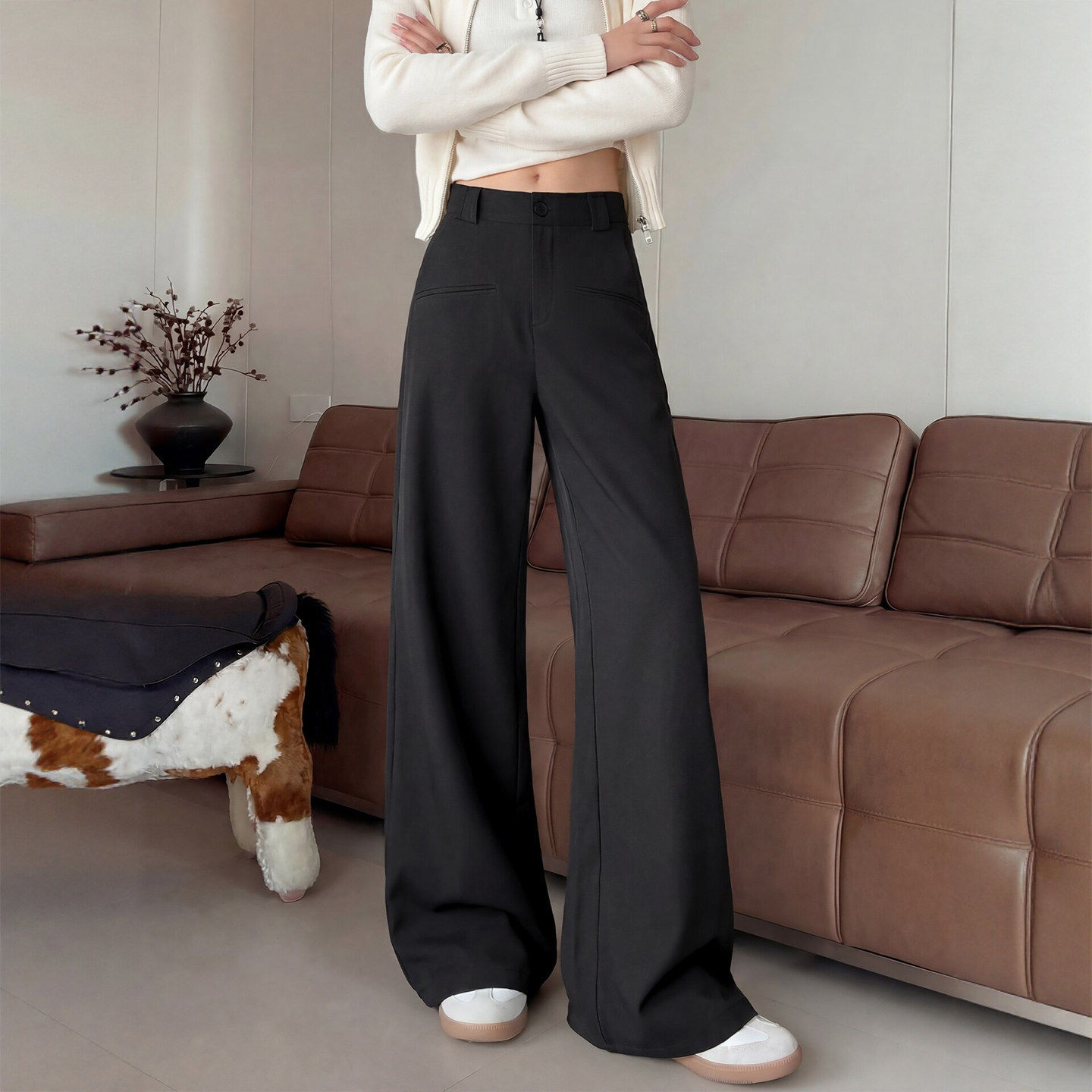 黑色直筒西装裤女2026春季新款老钱风垂感高腰西裤休闲窄版阔腿裤