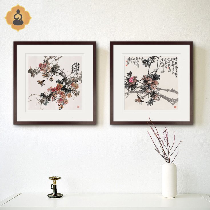 斗方写意花鸟国画客厅玄关书房餐厅办公室现代中式装饰画实木画框
