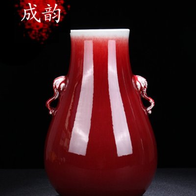 景德镇陶瓷 新中式郎红象耳尊花瓶装饰摆件 家居电视柜旁插花器