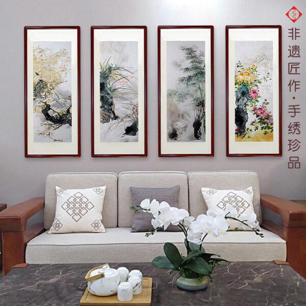 有福湘绣中国风青花瓷梅兰竹菊四联屏新中式客厅装饰画花鸟
