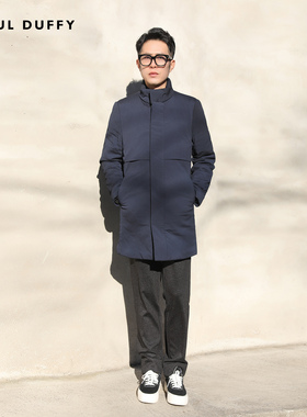 LAOUL DUFFY藏蓝带浮水立领长款棉服男士冬季外套DM18438A