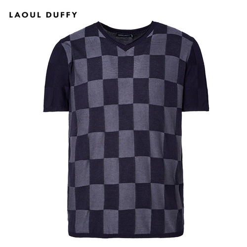LAOUL DUFFY蓝灰方格深浅碰撞时尚T恤男款夏季百搭上衣DT16280A