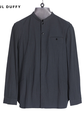 LAOUL DUFFY灰色立领长袖衬衫褶皱设计感秋款休闲男上衣DC18308A