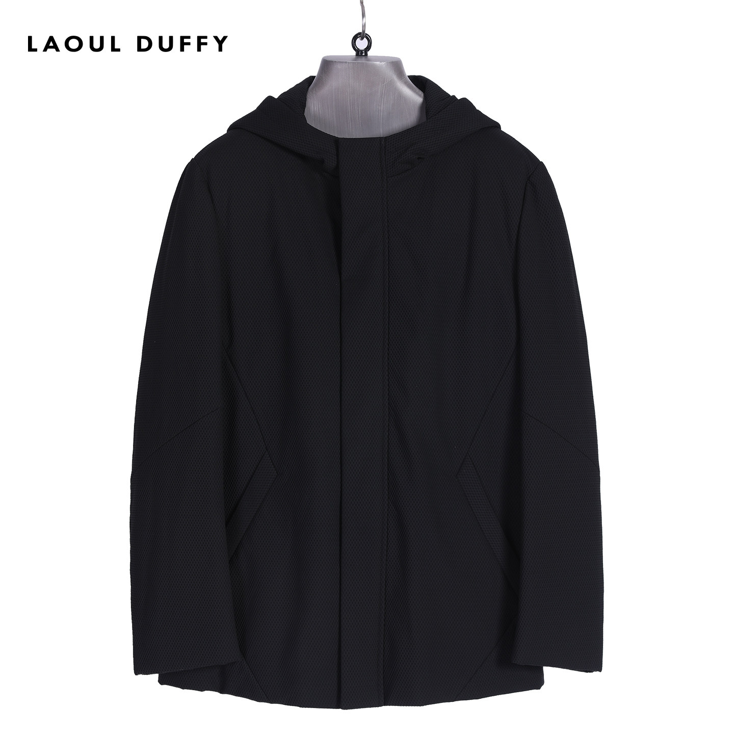 LAOUL DUFFY黑色带帽短款棉服带兜休闲拉链男装冬款上衣DM16332A