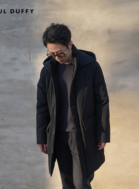 LAOUL DUFFY黑色帽子可拆卸鹅绒中长款新男装冬季羽绒服DY19448B