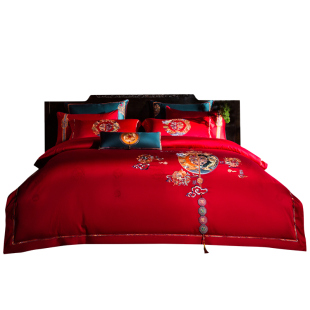高端婚庆四件组大红色全棉刺绣喜被套婚房结婚礼牀上用品套件