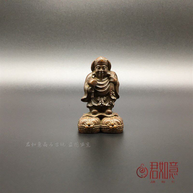 纯铜日式回流铜财神造像 皮筏渡江背袋迷你小财神摆件铜茶宠佛像