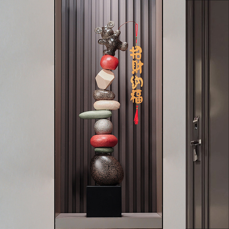 时来运转轻奢高档大摆件石头落地玄关客厅入户电视柜装饰品高级感