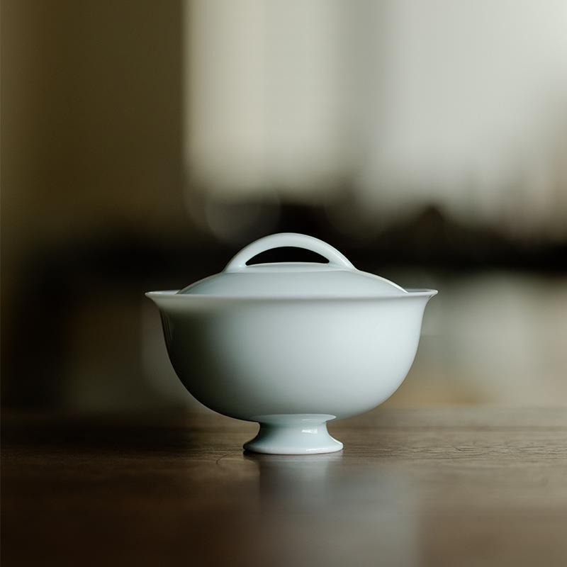湖田影青合意盖碗陶瓷二才泡茶碗单个小号手抓碗家用青瓷功夫茶具