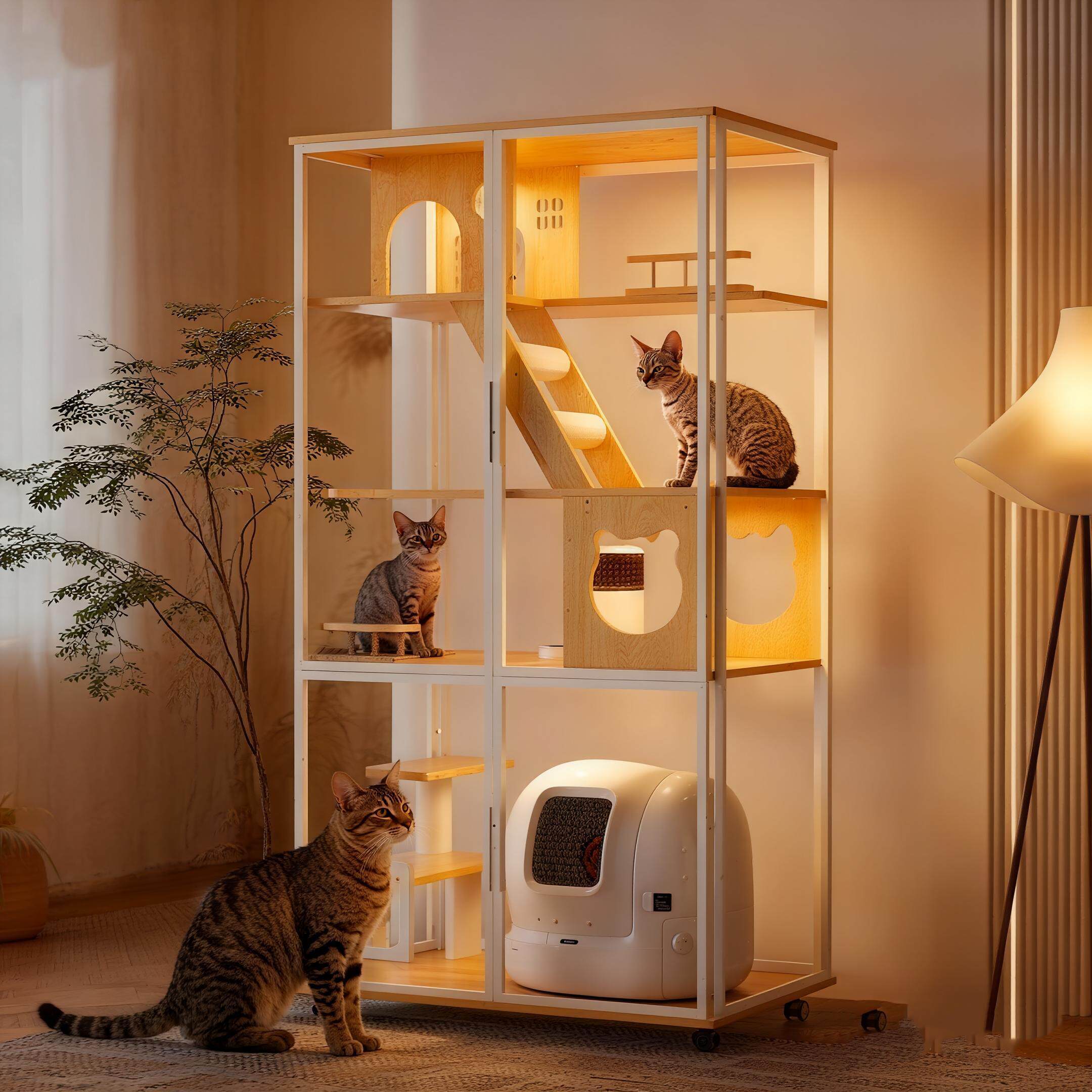 豪华实木猫别墅家用室内猫窝超大空间猫柜全景玻璃猫舍带厕所一体