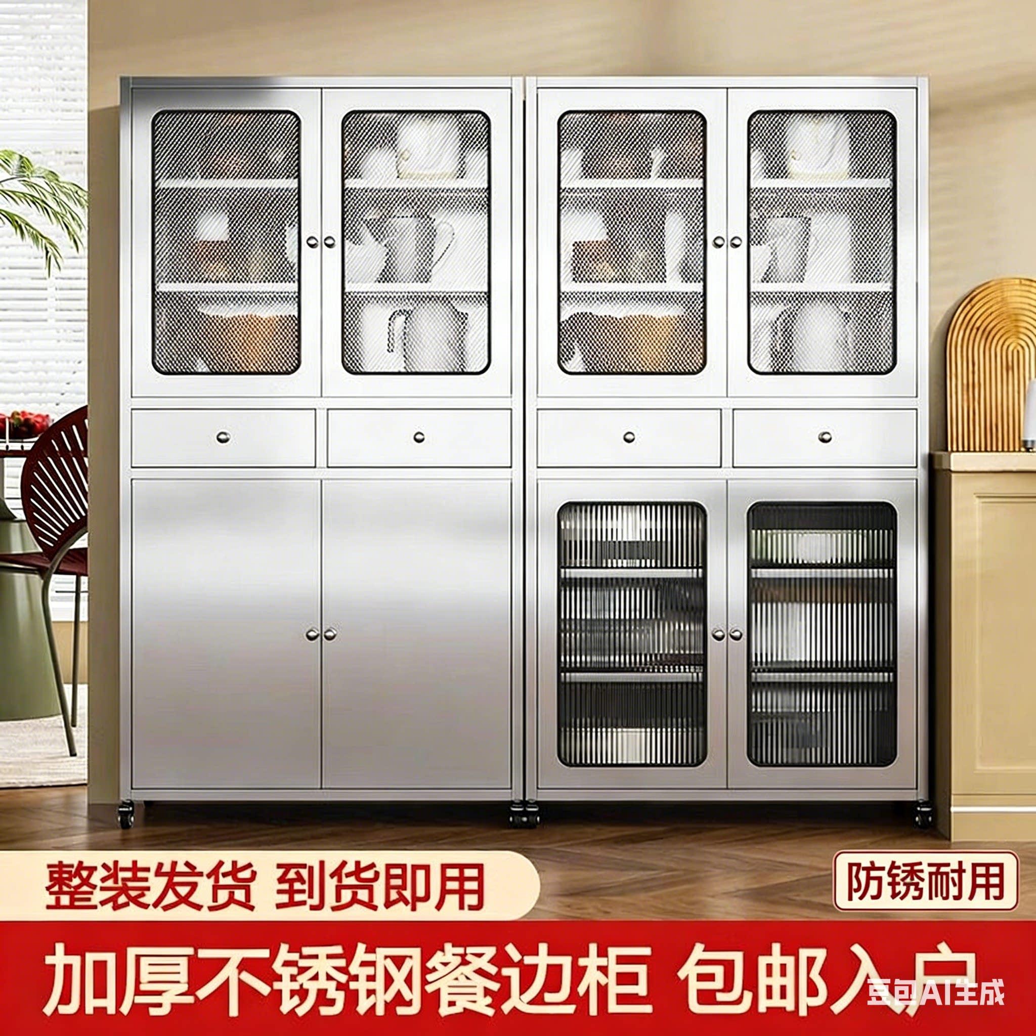 加厚不锈钢餐边柜带门家用储物柜厨房餐厅碗柜锅具收纳置物柜橱柜