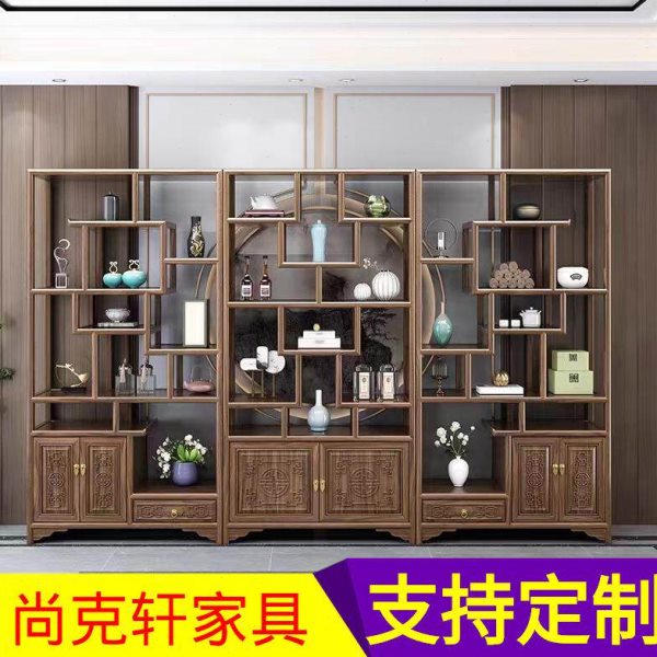 新中式博古架实木置物架榆木茶叶架仿古展示柜客厅隔断茶室古董架