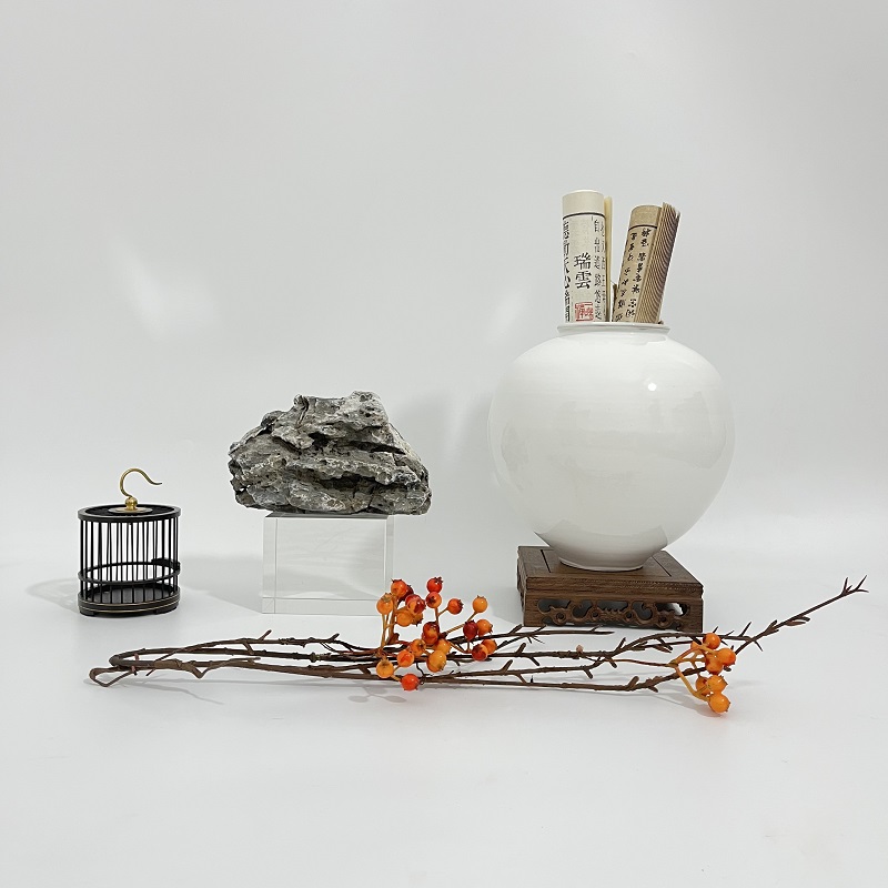 新中式样板间玄关书房软装饰品售楼E部陶瓷花瓶组合搭配假山石摆