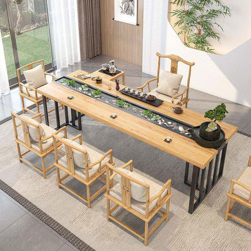 新中式实木流水观景茶桌一体办公接待泡茶桌会客洽谈大板茶台桌