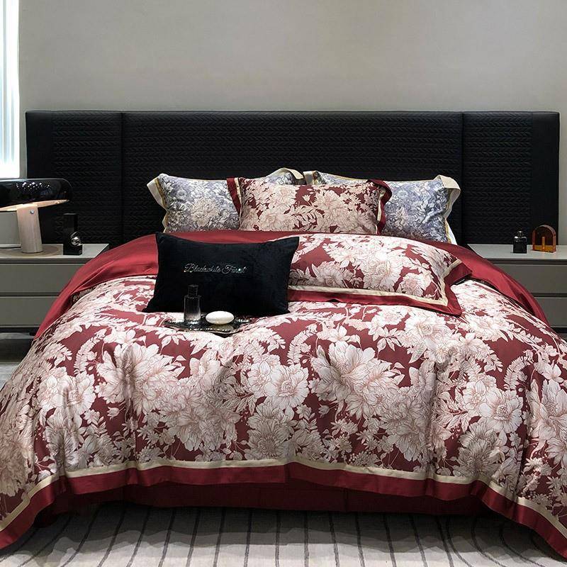 轻奢印花结婚四件套婚嫁全棉红色喜被喜庆婚房100S长绒棉床上用品