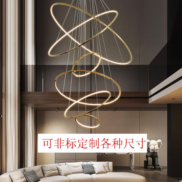 别墅客厅复式楼跃层挑空大吊灯电镀不锈钢金色轻奢loft中空楼梯灯