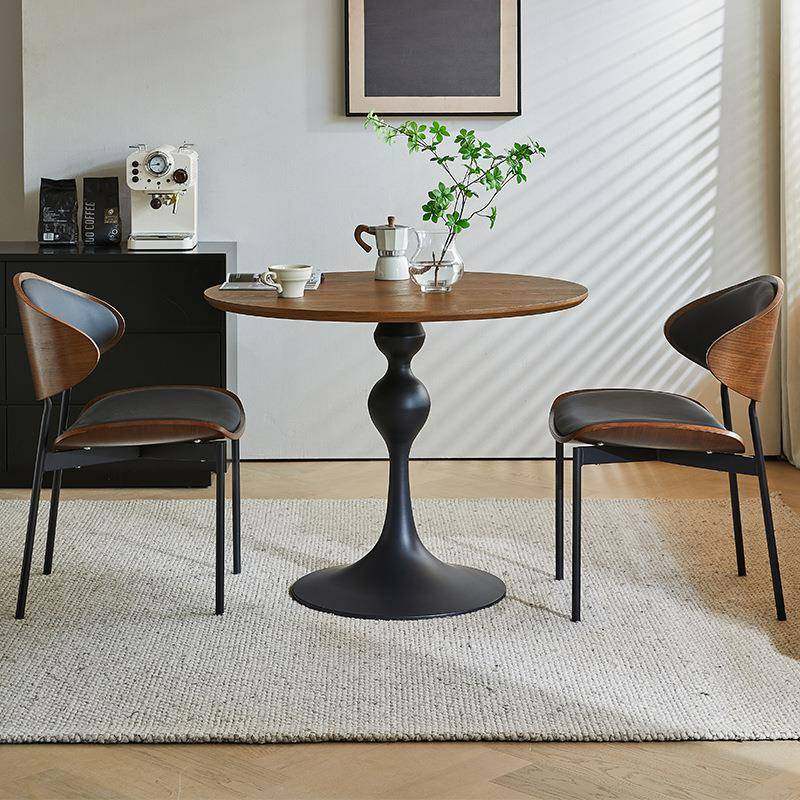 客厅德利丰岩板餐桌椅美法式黑胡桃实木圆桌接待洽谈桌椅组合