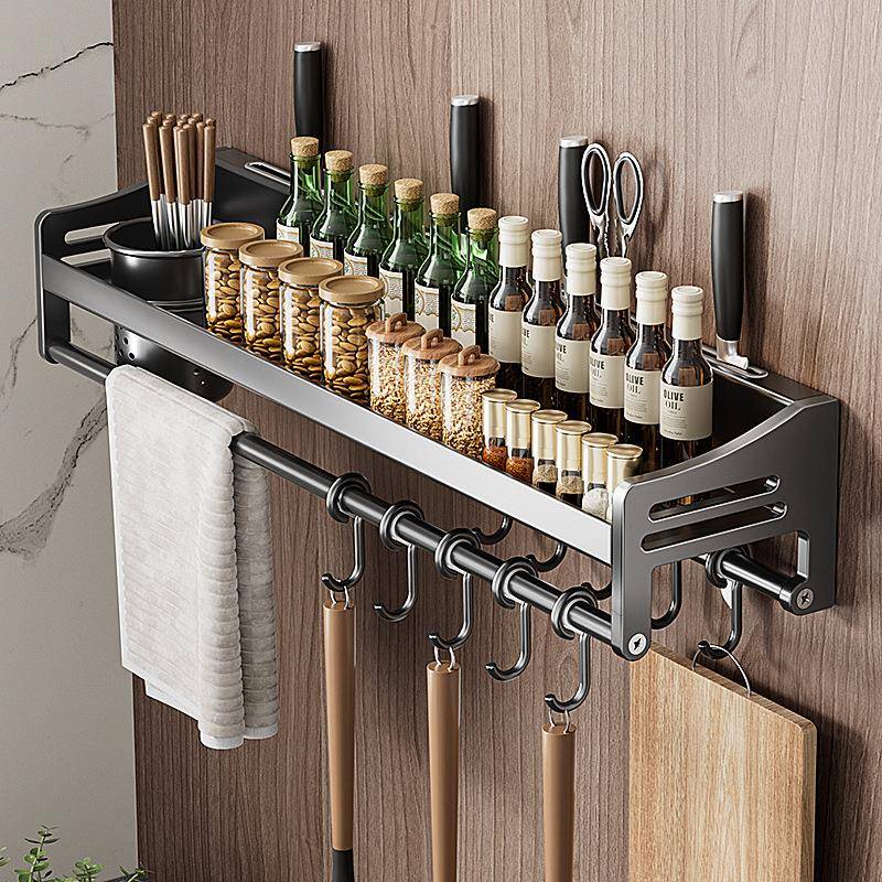 不锈钢厨房置物架墙上多功能厨房收纳挂架枪灰色免打孔壁挂调料架