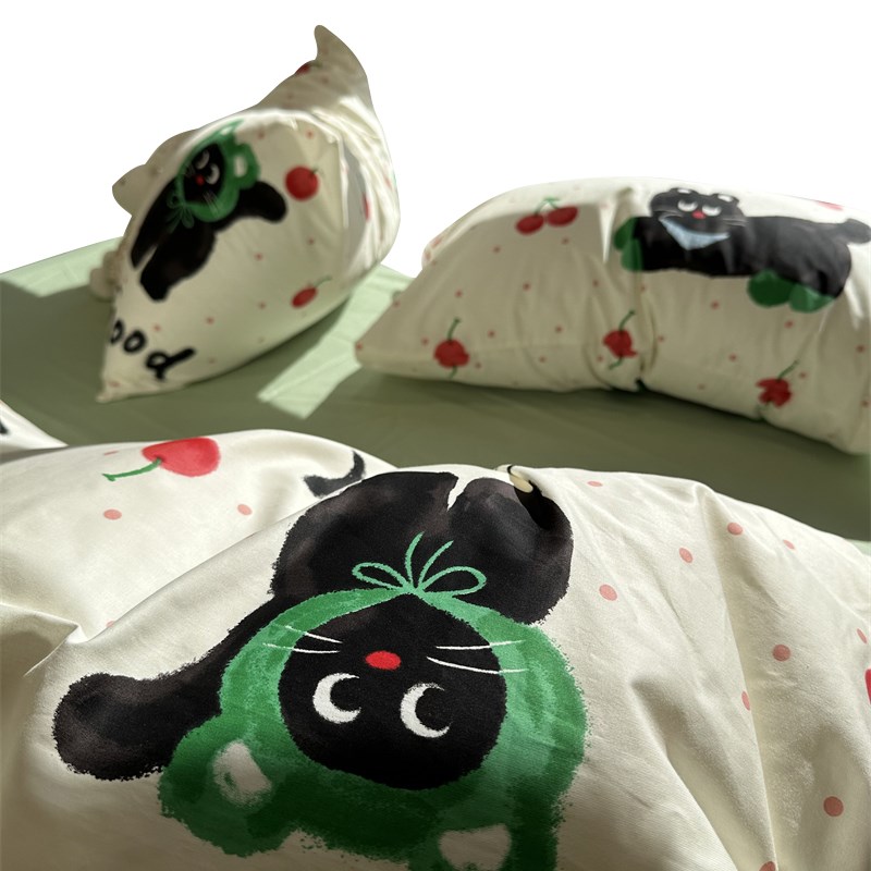 小清新绿可爱樱桃猫咪床上四件套1.5m1.8床单被套宿舍三件套