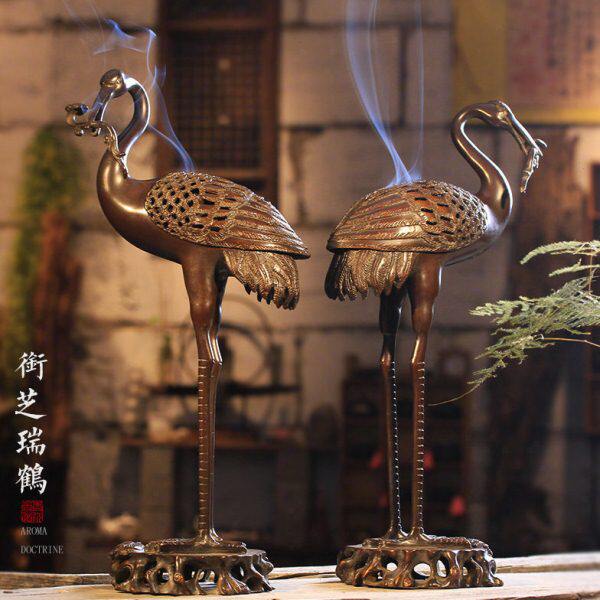 创意复古衔芝瑞鹤熏香炉手工大号仙鹤盘香炉纯铜摆件家用室内茶道