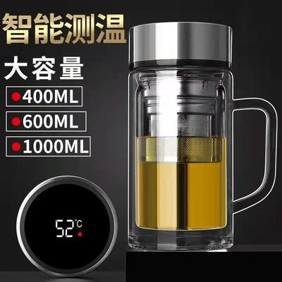 家用智能显温大容量双层玻璃杯带把手耐高温男女泡茶杯办公室水杯