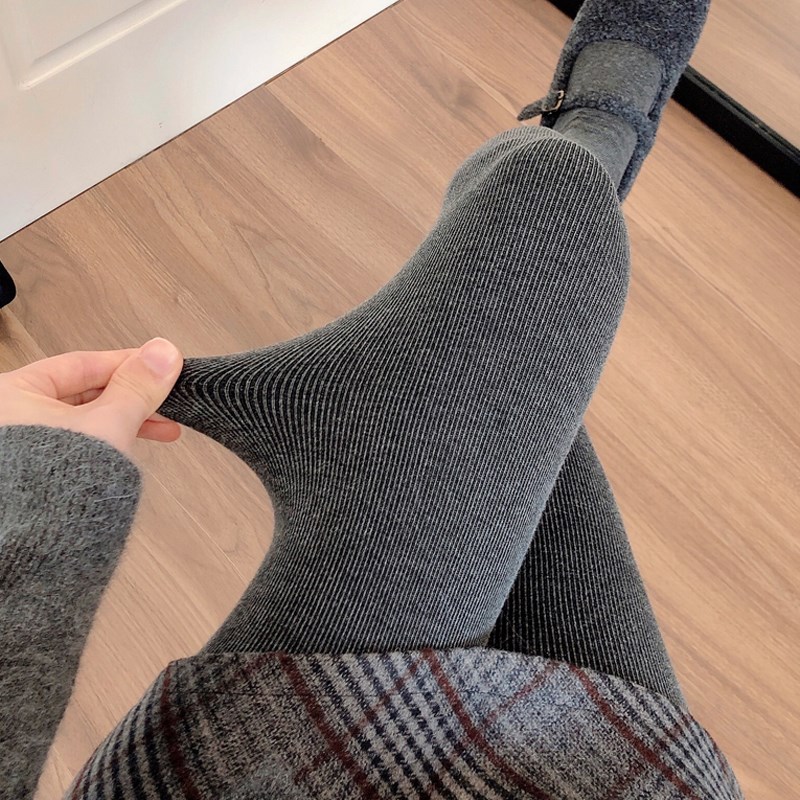 秋冬季黑色加绒打底裤女加厚保暖烟灰色连裤袜竖条纹深灰色踩脚袜