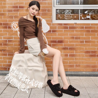 厚底毛毛拖鞋女外穿2025新款冬季毛绒高级感超火覆古黑色增高棉拖