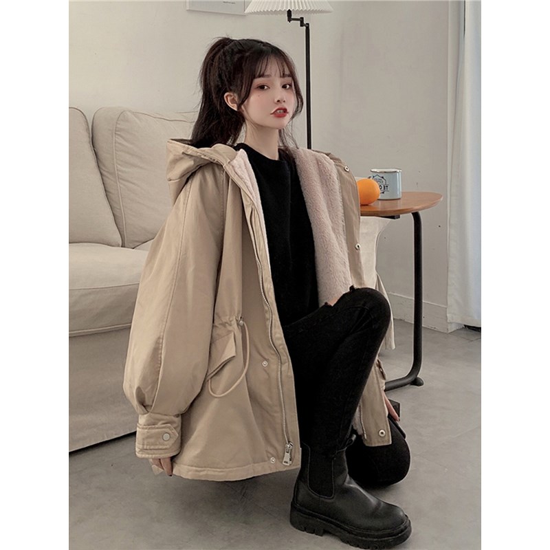300斤大码女装学院风连帽棉服秋冬新款黑色加绒保暖连帽棉衣外套