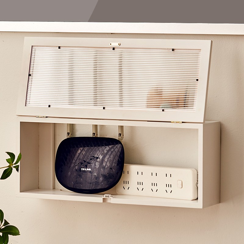 路由器收纳盒放置架wifi光猫插排插座遮挡箱实木壁挂防尘整理盒架