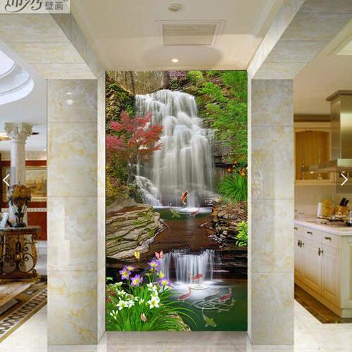 定制新中式风景瀑布流水生财玄关墙布客厅走廊过道墙纸竖版壁纸8D