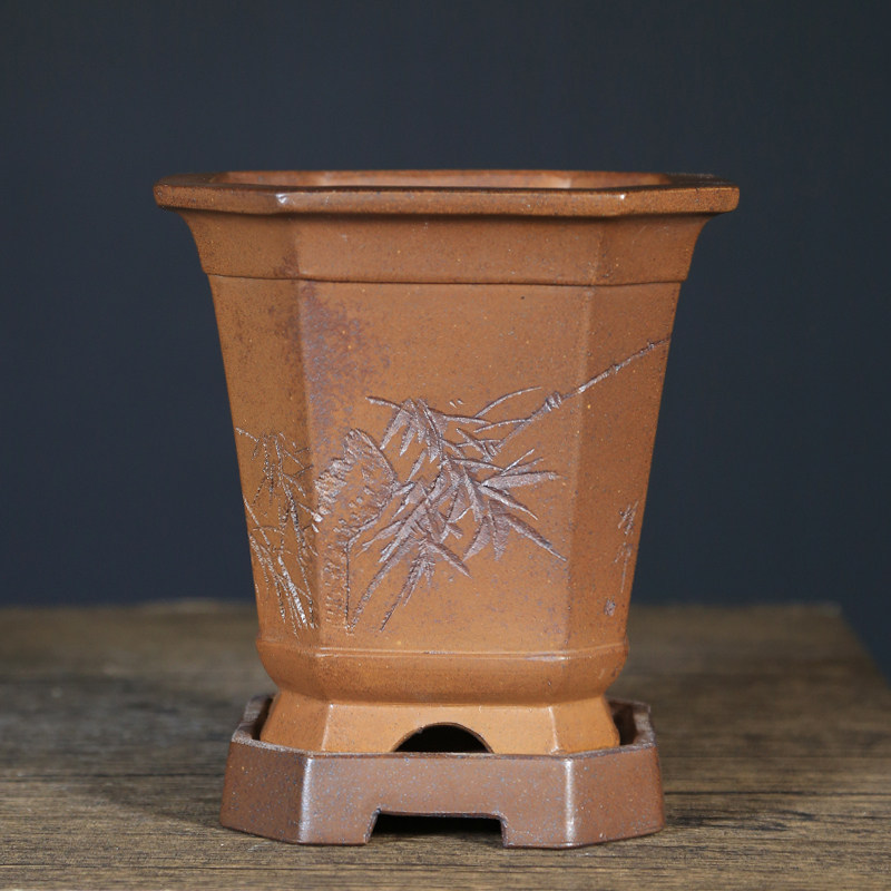 神力紫砂陶瓷古典紫砂花盆手工段泥柴烧刻绘切角四方签筒兰花盆