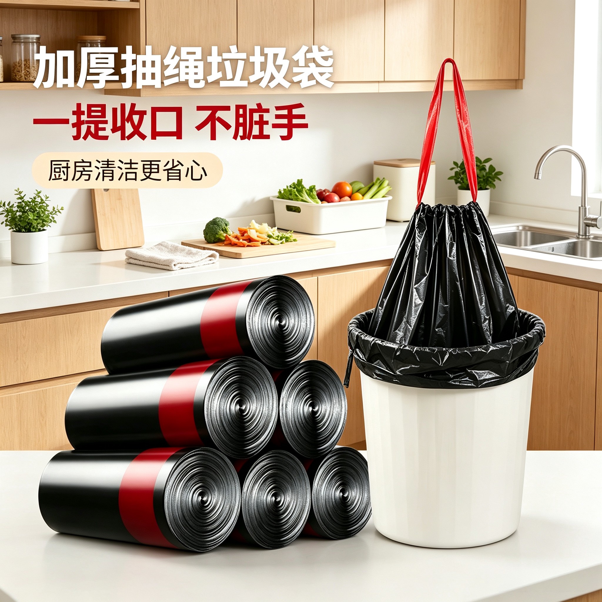 加厚抽绳手提垃圾袋不脏手家用
