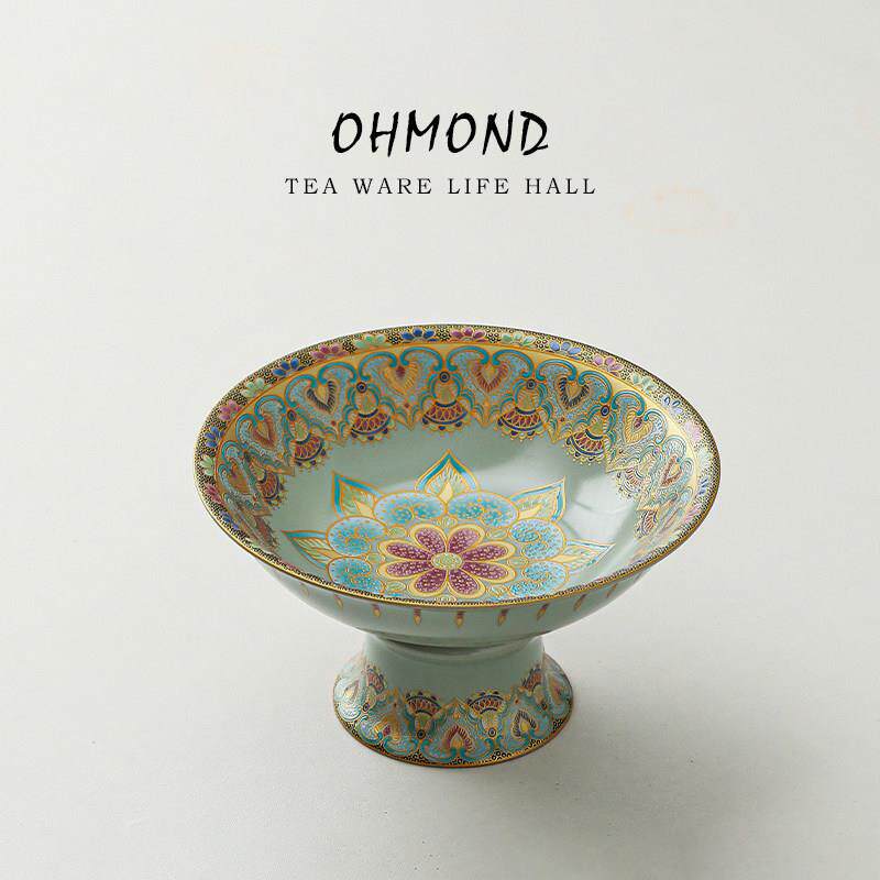 OHMOND | 珐琅彩中式莲花高脚陶瓷茶点盘 家用水果盘精致供品盘子