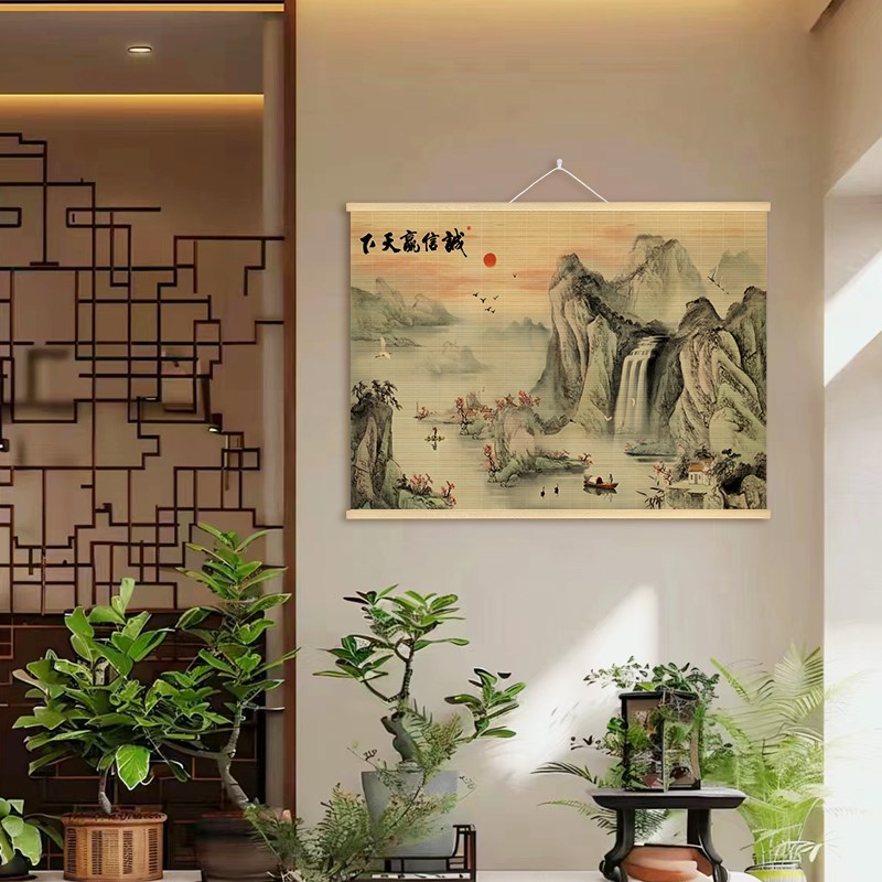 客厅山水背景墙竹编挂画入户玄关装饰画非遗竹编工艺画书房茶室画