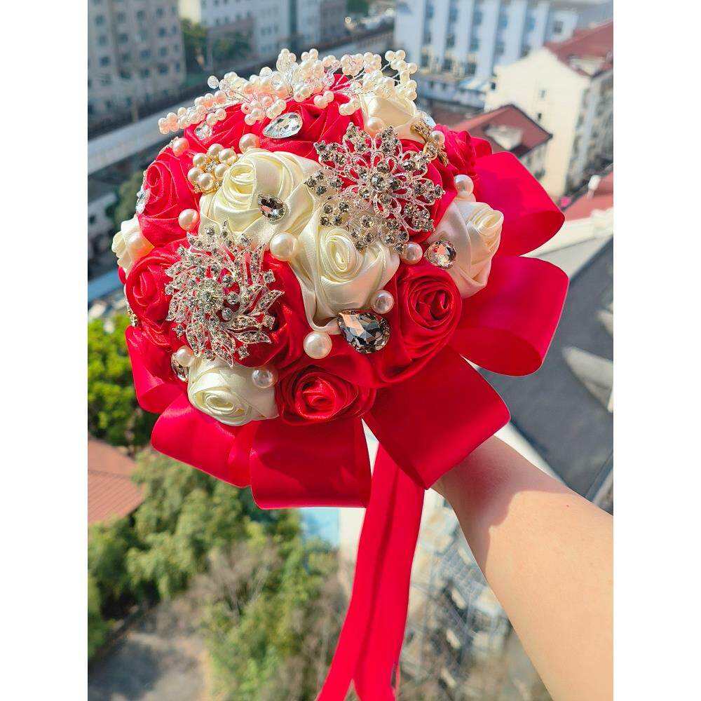 芳华新娘手捧花高级感珍珠水钻结婚婚礼礼物diy材料包成品红色