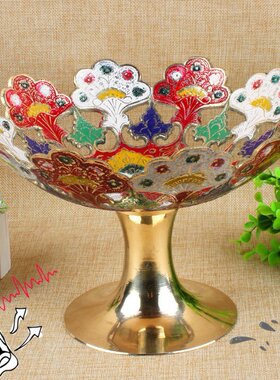 巴基斯坦印度铜器手工漆彩镂空雕花铜果盘艺术造型摆设高档礼品