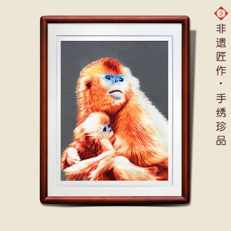 有福湘绣十二生肖蛇挂画成品金猴献瑞客厅餐厅玄关高档装饰画刺绣