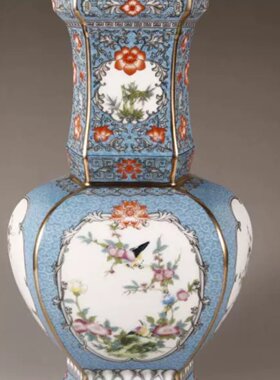 清乾隆珐琅彩粉蓝色花鸟六方花瓶中式博古架仿古瓷器做旧古董摆件